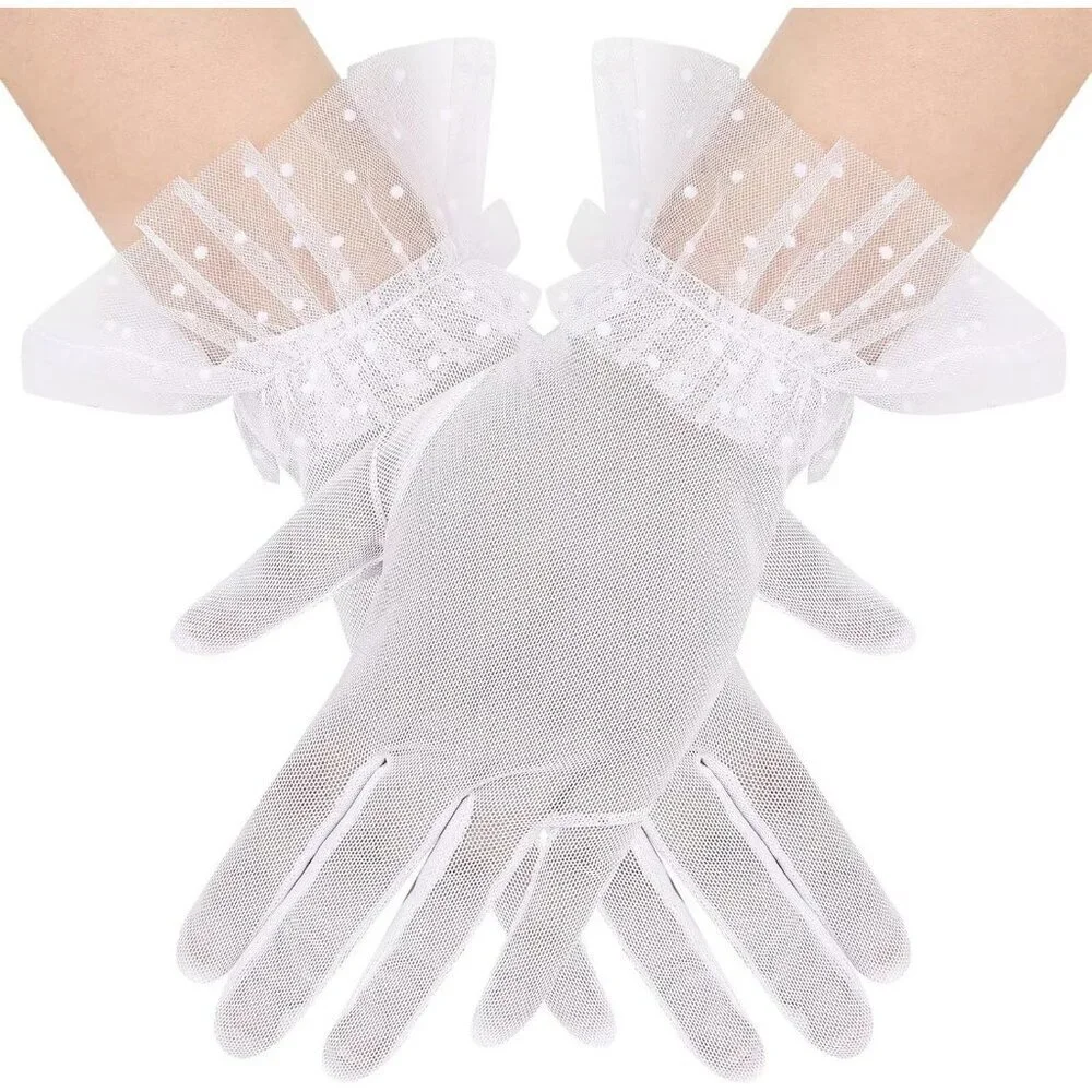 Women's Short Lace White Sheer Mesh Tea Party Prom Gloves Banquet Costume